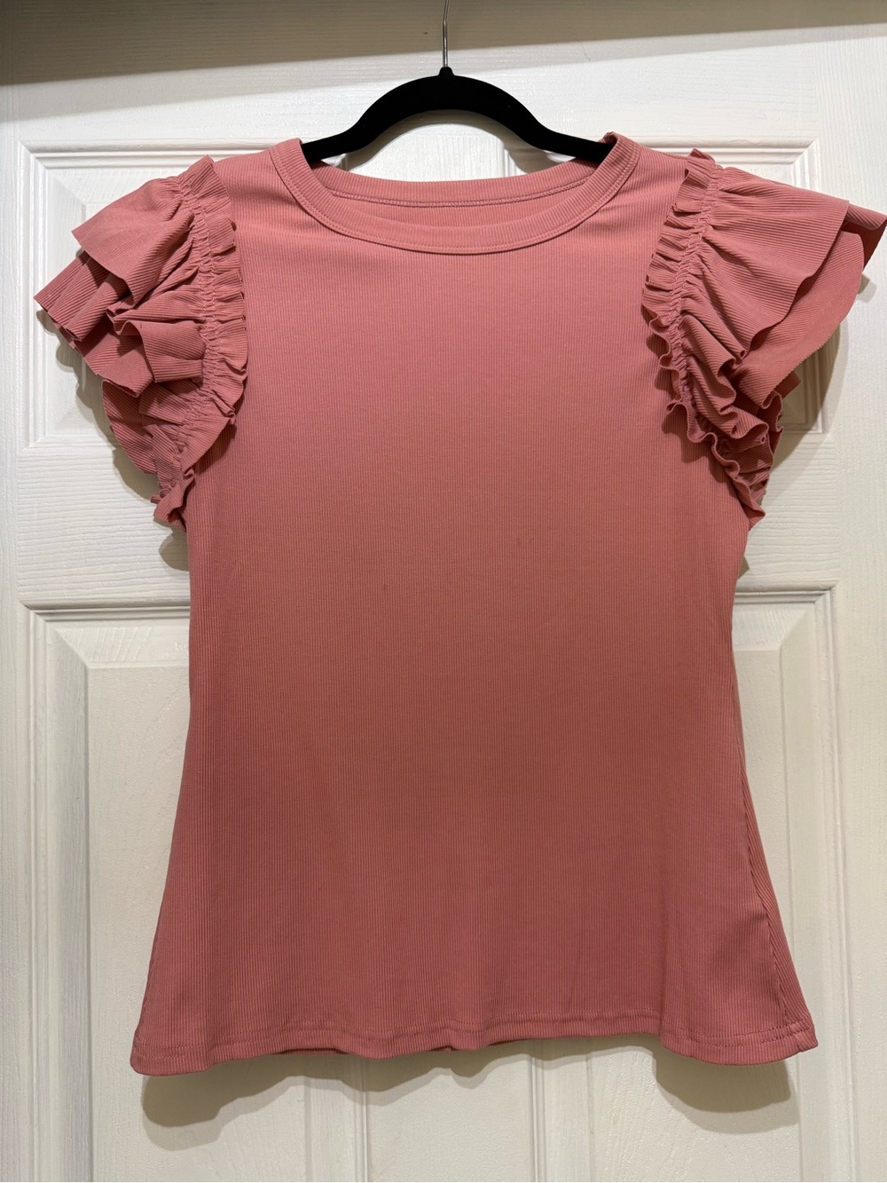 Ruffled Sleeve Crewneck Top - Rose Pink